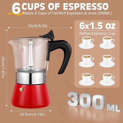 Induction Moka Pot, 6 Cups (10.6 oz) Crystal Glass-Top & Stainless Steel Moka Pot, Classic Stovetop Espresso Maker, Red