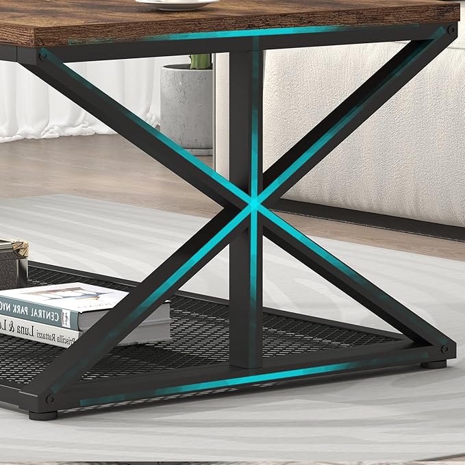 IBF Rustic Brown Coffee Table with Storage, Farmhouse Wood Metal Rectangle Living Room Table, Industrial Middle Center Table with Mesh Shelf, Rustic Brown,47 in