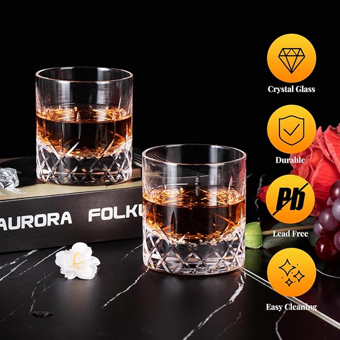 KAMMAK Whiskey Glasses Set, 7.7 oz (220 ml) Old Fashioned Tumbler, Thick Base Glass with Delicate Rim & Seamless Design for Scotch, Bourbon, Cocktails