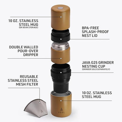 Nest Pour Over Coffee Kit | Coffee Maker for Camping | All-In-One Travel Pour Over | Transportable Dripper, Two 10oz Stainless Steel Travel Mugs | Compact Storage & Adventure Ready | Sahara