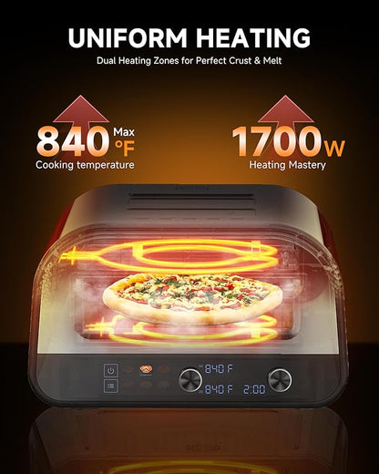 Upgraded Pizza Oven Heats up to 840°F Makes 12 Inch Pizzas in 90 Seconds Countertop Electric Pizza Maker with 6 Touchscreen Presets Pizza Stone & Peel Included - Stainless Steel