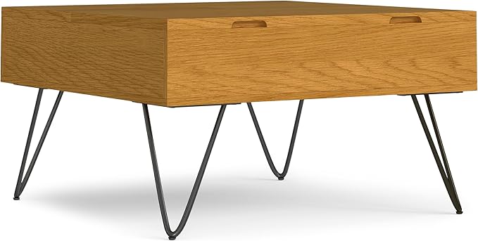 SIMPLIHOME Hunter Lift Top Coffee Table - 32 inch Wide Oak Veneer and Metal Industrial Square Lift Top Cocktail Table in Oak, Living Room Table with Dual Lift Tops, Hidden Storage and Hairpin Legs