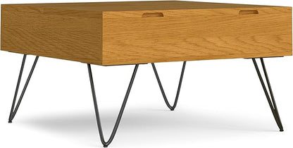 SIMPLIHOME Hunter Lift Top Coffee Table - 32 inch Wide Oak Veneer and Metal Industrial Square Lift Top Cocktail Table in Oak, Living Room Table with Dual Lift Tops, Hidden Storage and Hairpin Legs