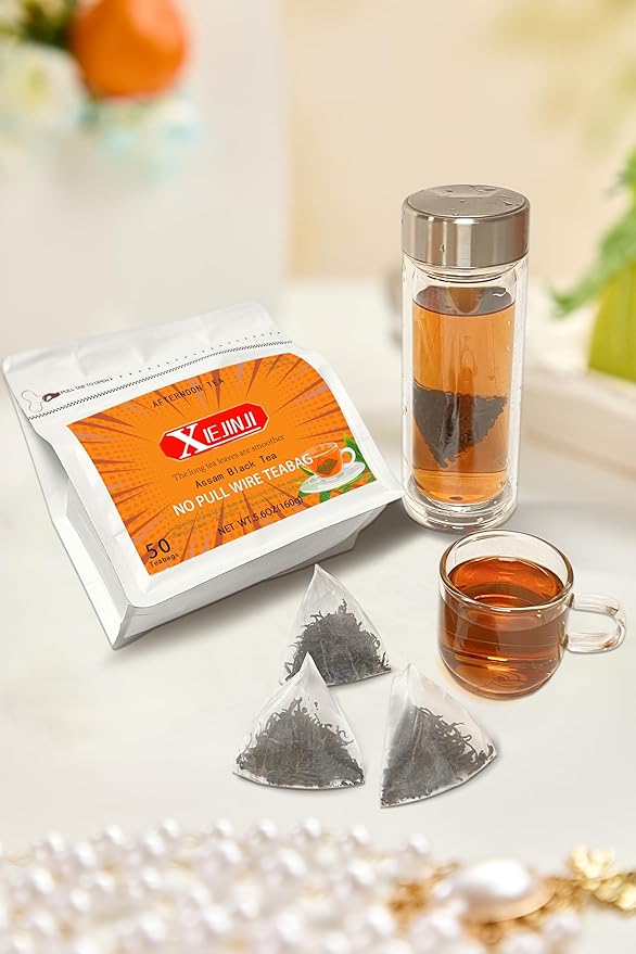 XIEJINJI Premium Assam Black Tea - Eco-Conscious Black Tea Bags - Resealable Bag - 3.2g x 50 Count - English Breakfast Tea - Repeated Brewing