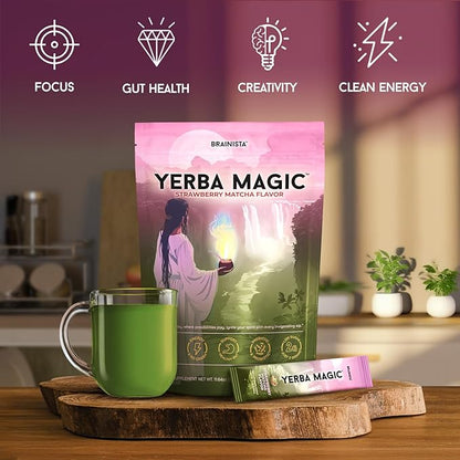 Yerba Magic Strawberry Matcha Instant Tea, 3-in-1 Super Drink - Clean Energy, Brain Fog Buster, and Gut Health Powered by Nootropics, Prebiotics and Probiotics | Yerba Mate 20 Stick Packs