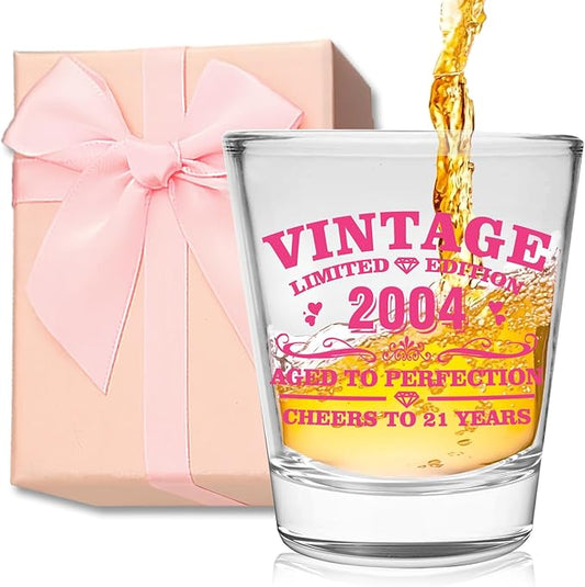 Funny 21st Birthday Shot Glass for Her – Pink 2 oz Glass with Gift Box – Unique Gift for Women,Female, Friends, or Sister - Cheers to 21 Years – 2004 Pink Printed