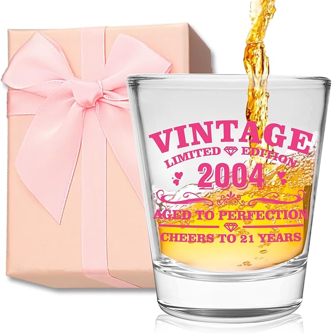 Funny 21st Birthday Shot Glass for Her – Pink 2 oz Glass with Gift Box – Unique Gift for Women,Female, Friends, or Sister - Cheers to 21 Years – 2004 Pink Printed