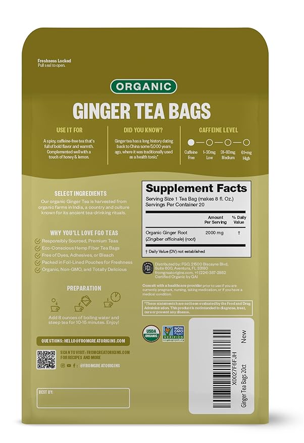 FGO Organic Ginger Tea, 20 Count, Eco-Conscious Tea Bags, Caffeine Free, Packaging May Vary (Pack of 1)