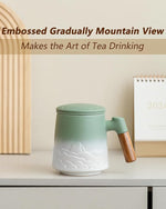 Load image into Gallery viewer, ZENS Tea Mug with Infuser and Lid for Loose Leaf Steeper, 16.9 oz Embossed Ceramic Tea Cup with Fine Tea Strainers, Wood Handle Large Tea Diffusers Mugs for Tea Lovers Gifts