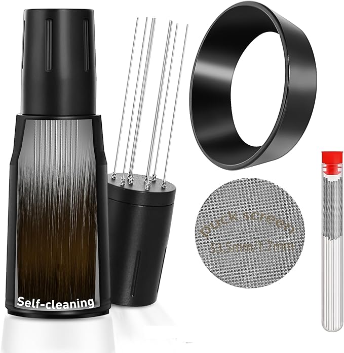 WDT Tool Espresso Distributor Accessory kit &1.7mm Thickness 150μm Mesh Puck Screen & 8 Magnets dosing ring Compatible with Breville Portafilter (WDT +54MM Black dosing ring&puck screen)