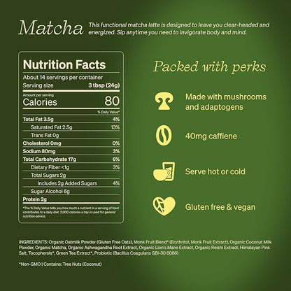 Clevr Blends Organic Matcha Green Tea Latte, Instant Ceremonial Grade, Superfood Powder Blend with Oat Milk, Lions Mane, Reishi Mushroom, Coconut Cream, Ashwagandha, Serve Hot or Iced, (14 Lattes)