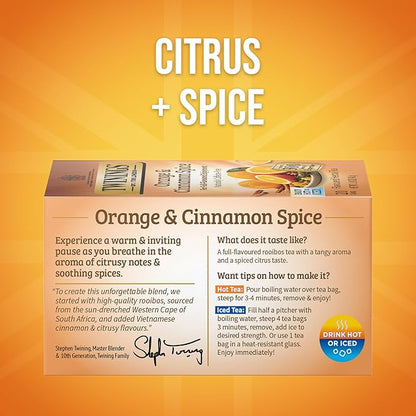 Twinings Orange & Cinnamon Spice Herbal Tea Individually Wrapped Bags, 20 Count (Pack of 6), Naturally Caffeine-Free, Enjoy Hot or Iced, 120 Teabags