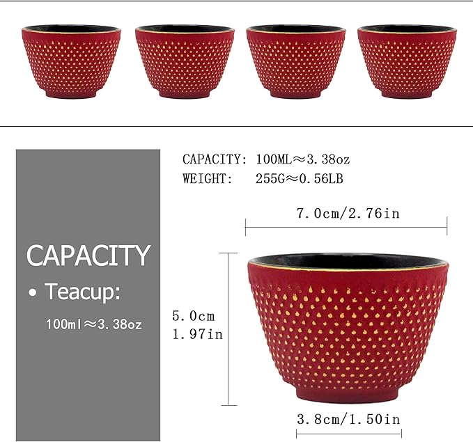 Japanese Cast Iron Tea Cups, Small and Heavy Teacups with no Handles, Japanese Style Cups for Adults, Asian Teacup, Coated with Enameled Interior, 4 Pcs/Box (Red, 3.38oz/100ml)