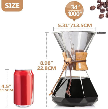 Pour Over Coffee Maker 34 OZ, 10 Cup Borosilicate Glass Drip Coffee Maker with Reusable Stainless Steel Filter and Cork Grip for Home Café 1000 ML (Diamond Shape)