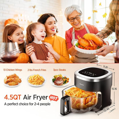 Vexon 6-IN-1 Glass Air Fryer,4.5QT Air Fryer with Viewing Glass Pot, Air Fry, Roast, Reheat, Dehydrate, Air Crisp Technology,Nonstick & Dishwasher Safe Basket,97% Less Oil,Features Digital Timer