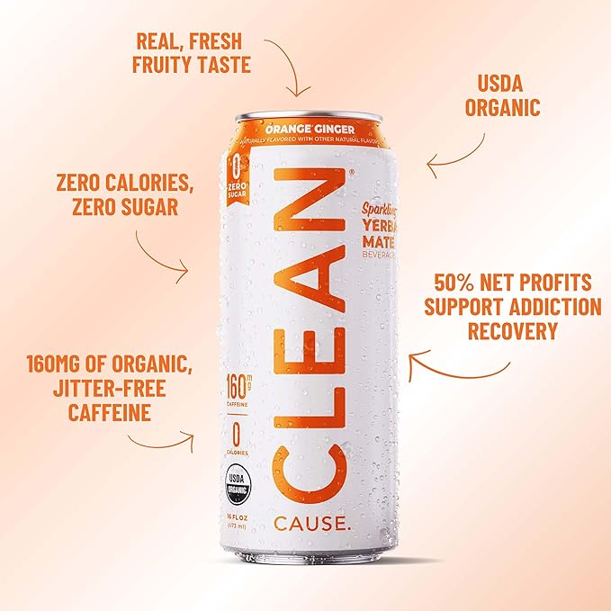 CLEAN Cause Zero Sugar Orange Ginger Yerba Mate Tea Sparkling, USDA Organic Energy Drink Alternative, Zero Calorie, 160mg Natural Caffeine, Soda Alternative, Plant-Based (16oz cans, 12-Pack Case)