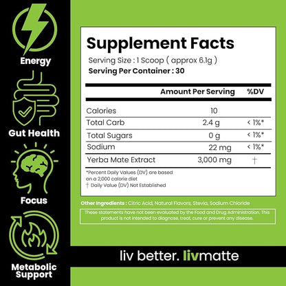 Yerba Mate Instant Tea Powder-Natural Caffeine Flavored Drink Mix, Sugar-Free, Clean Energy, Mental Focus + Wellness Support I 30 Servings (Lemon)