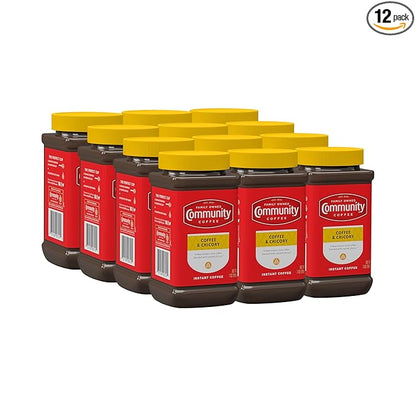 Community Coffee Coffee and Chicory Instant Coffee, Medium Dark Roast, 7 oz Jar (Pack of 12)