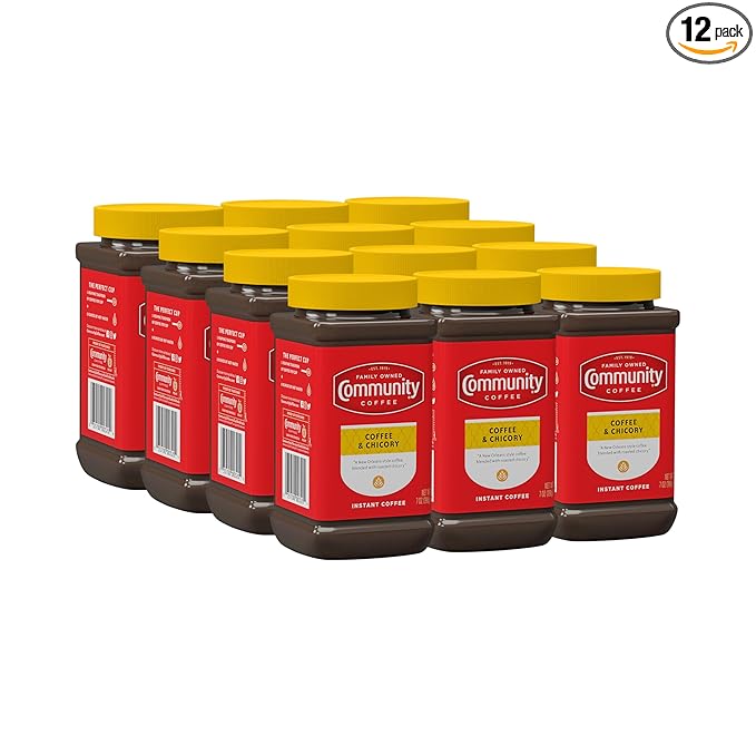 Community Coffee Coffee and Chicory Instant Coffee, Medium Dark Roast, 7 oz Jar (Pack of 12)