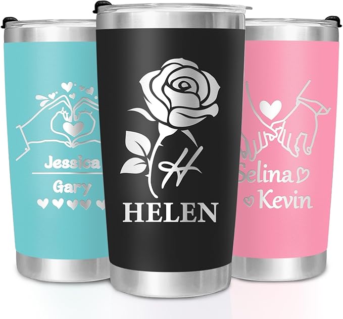 Made in USA - Personalized Tumbler with Engraved Name - Custom Coffee Mug Cup 20 Oz with Lid - Customized Valentines Day Gifts - Gifts for Boyfriend Girlfriend Husband Wife