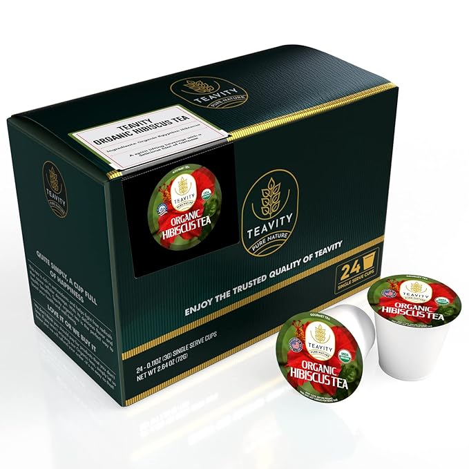 Organic Hibiscus Sabdariffa Tea Organic Naturally Decaf Tea Pods for Keurig by Teavity (24 Tea Pods)