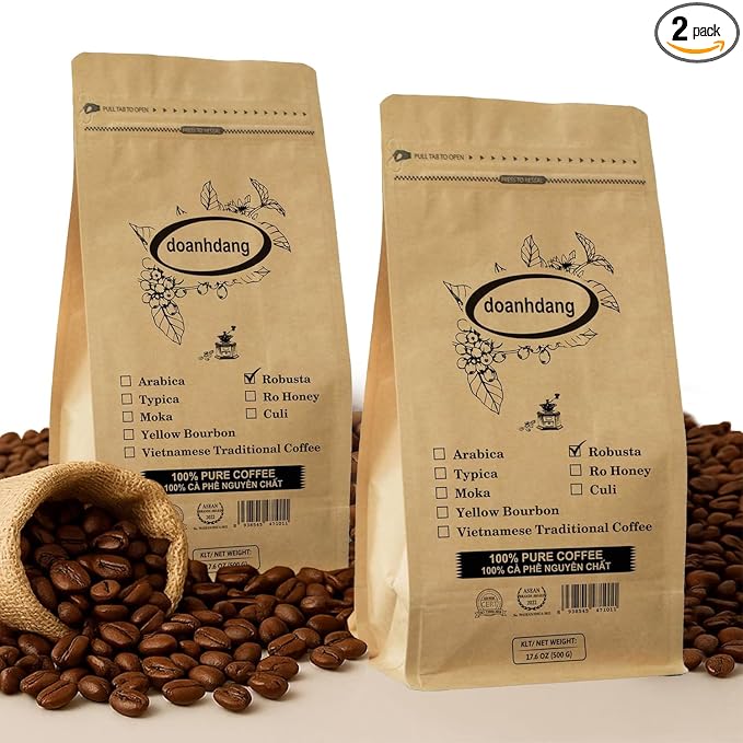 doanhdang - 35 Oz Premium Robusta Whole Bean Coffee, 100% Robusta Medium Roast, Rich Flavor for Espresso Shot and Brew, Origin from Vietnam, Whole Med Roast Beans