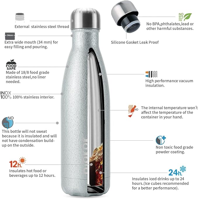 BJPKPK Insulated Water Bottles 17oz, Leak Proof Stainless Steel Water Bottle Keeps Cold for 24H and Hot for 12H, BPA Free,Silver