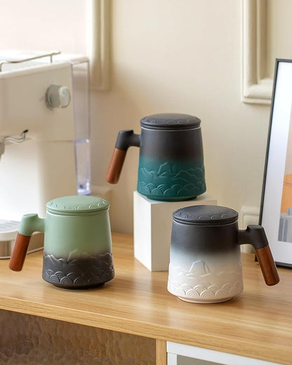 ZENS Tea Mug with Infuser and Lid for Loose Leaf Tea Steeper, 16.9 oz Embossed Ceramic Tea Cup with Fine Strainersand Wood Handle, Diffusers Accessories for Tea Lovers Gifts