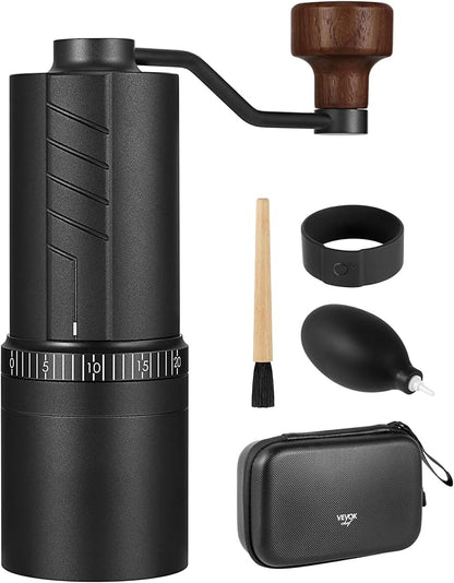 Vevok Chef O20 Manual Coffee Grinder - 20 levels External Adjustment, 35g Capacity with Travel Case and Cleaning Gear, Consistent Grind Ti-Plated Stainless Steel Conical Burr Hand Coffee Grinder