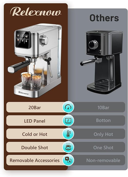 Espresso Machine, 20 Bar Professional Espresso Coffee Maker with Milk Frother Steam Wand, Hot & Iced Coffee Machine, Compact Stainless Steel Coffee Machine for Cappuccino,Latte,Cold Brew