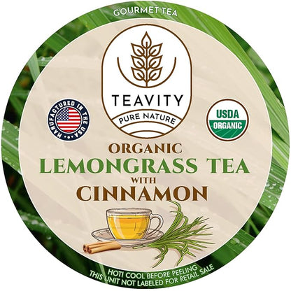 Teavity Organic Lemongrass and Cinnamon Tea Pods for Keurig - Naturally Decaffeinated Herbal Tea Blend (12 Pods)