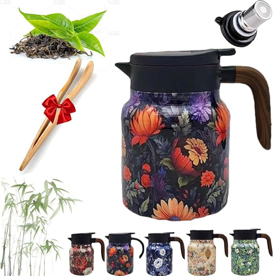 Infinite Tea Pot with Infuser, 316 Stainless Steel Infinite Vintage Floral Pattern Teapot Built-In Infuser, One-Handed Pour, Detachable Infinity Tea Pot Kettle for loose tea (Purple wood, 28Oz)