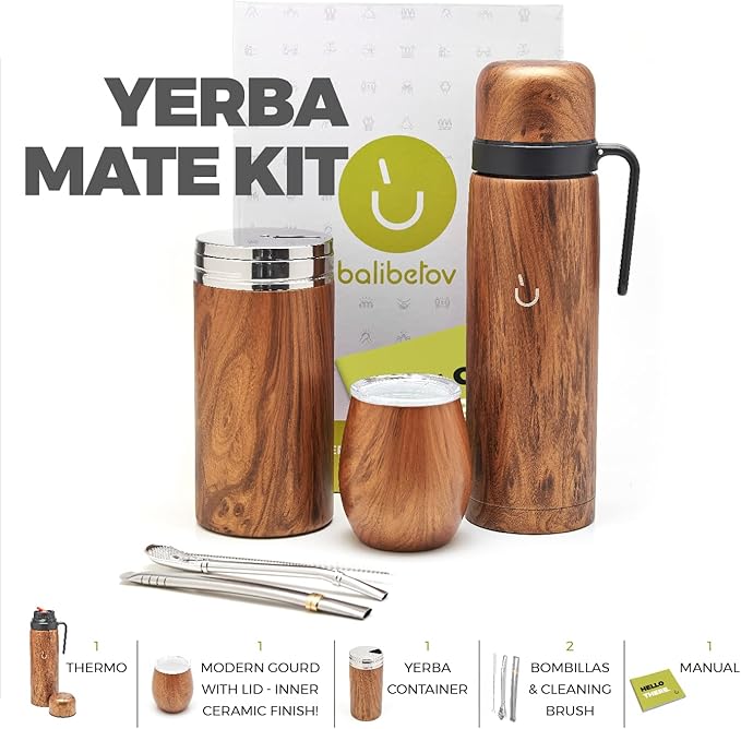 BALIBETOV Complete Yerba Mate Set - Modern Mate Gourd, Thermal Flask, Yerba Container, Bombilla and Cleaning Brush Included - All Premium Quality 304 18/8 Stainless Steel