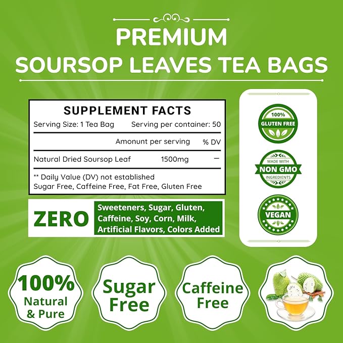 VIDA FARM 50 Premium Soursop Tea Bags, 100% Natural Pure Soursop Leaves: Pleasant Taste, Natural Flavor, Caffeine Free, Hojas de Guanabana Para te, Dried Graviola Leaves Guyabano Tea