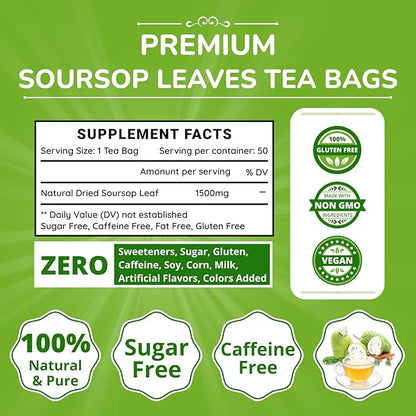 VIDA FARM 50 Premium Soursop Tea Bags, 100% Natural Pure Soursop Leaves: Pleasant Taste, Natural Flavor, Caffeine Free, Hojas de Guanabana Para te, Dried Graviola Leaves Guyabano Tea