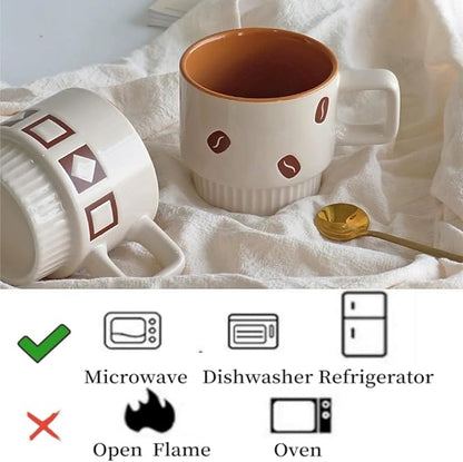 Stackable Coffee Mugs Set, Ceramic Espresso Cups for Au Lait, Cappuccino,Latte,Cafe,Mocha,Tea, Geometric Pattern Cups Suit For Housewarming Wedding- 11 oz, Set of 4, Beige&Brown