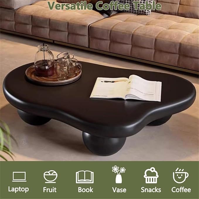 Cloud Coffee Table for Living Room with Round Corners Modern Style Center Table with 3 Ball-Shaped Legs Wood Tea Table for Small Space Apartment Easy Assembly (Black W48 * D36 * H14inch)