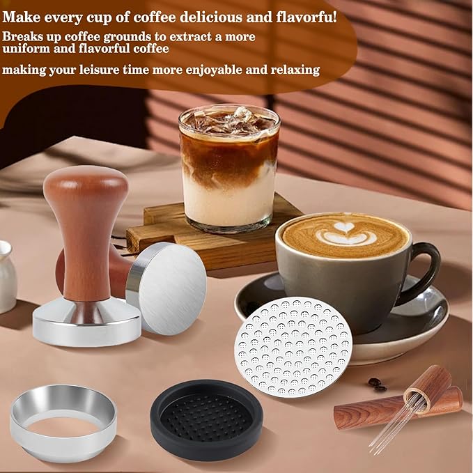 58mm Espresso Accessories Kit,Wdt Tool Espresso,Solid Espresso Tamper,Coffee Puck Screen and Dosing Funnel,Silicone Tamper Mat,0.4mm Stainless Steel 6pin Espresso Stirrer,Barista Tools Espresso Kit