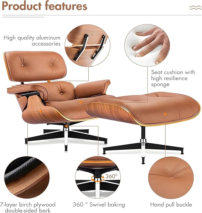 Top Black Grain Leather, Mid Century Chaise Lounge Chair and Ottoman, Modern Chair Classic Design, Heavy Duty Base Support for Living Room Study Lounge Office (Tall, Walnut-Brown)