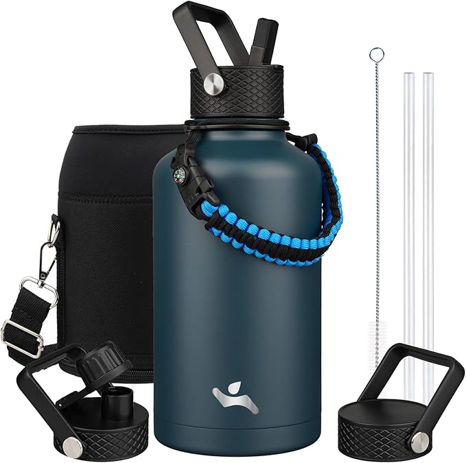 Half Gallon Insulated Water Bottle with Straw,64 oz 3 Lids Water Jug with Carrying Bag,Paracord Handle,Double Wall Vacuum Stainless Steel Metal Flask,Navy Blue