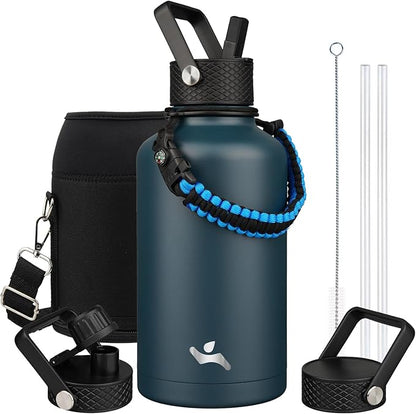 Half Gallon Insulated Water Bottle with Straw,64 oz 3 Lids Water Jug with Carrying Bag,Paracord Handle,Double Wall Vacuum Stainless Steel Metal Flask,Navy Blue