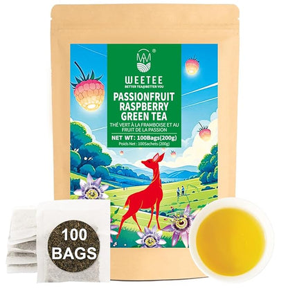 WT WEETEE Passionfruit Raspberry Green Tea, 100 Count Passion Fruit Raspberry Flavored Green Teabags, No Bitter Green Tea Bags, No Add Sweeter