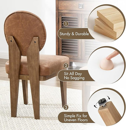 Mid-Century Modern Walnut Dining Chairs Set of 4, Vintage Brown Leather Wooden Kitchen Chairs, Retro Upholstered PU Cushioned Seat with Curved Backrest, Armless Accent Side Chair for Bedroom