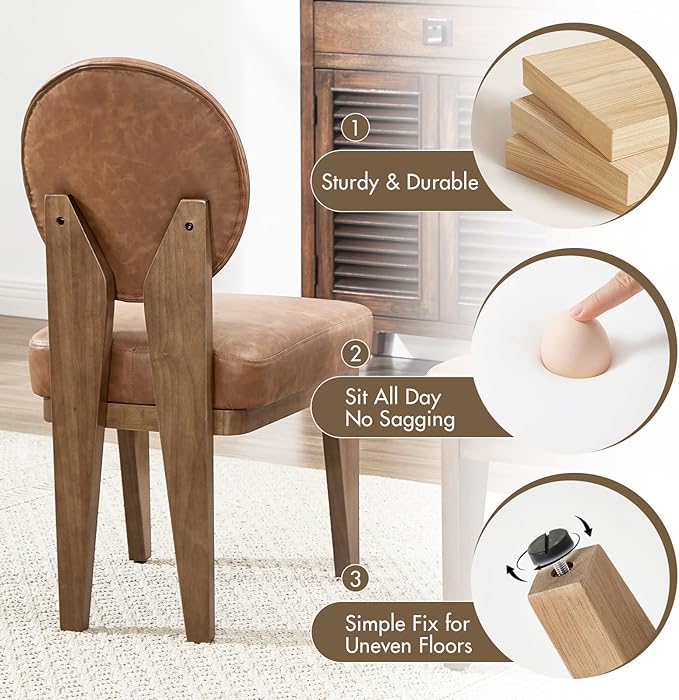 Mid-Century Modern Walnut Dining Chairs Set of 4, Vintage Brown Leather Wooden Kitchen Chairs, Retro Upholstered PU Cushioned Seat with Curved Backrest, Armless Accent Side Chair for Bedroom