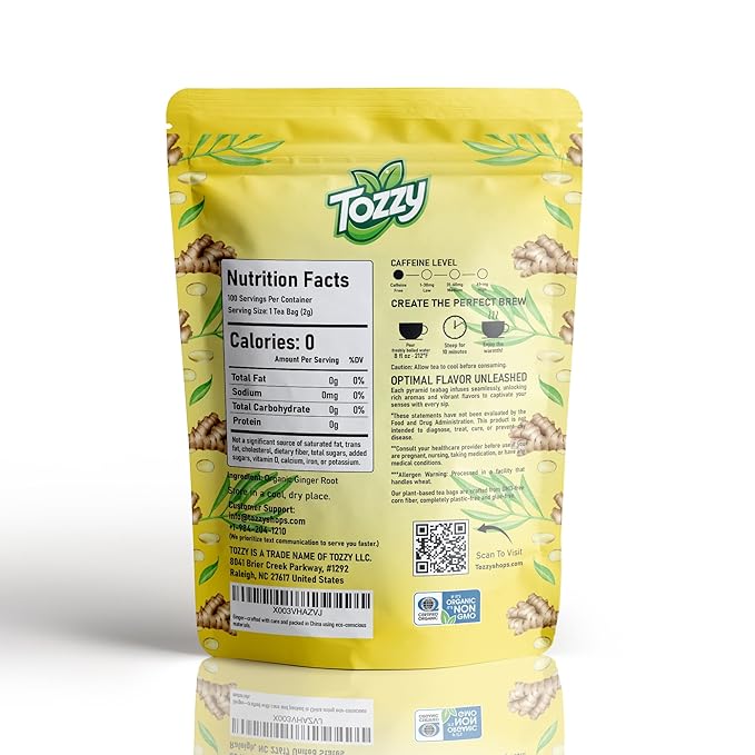 Tozzy Organic Ginger Tea - 100 Count | Pyramid Tea Bags (Plant-Based & Eco-conscious) | Pure Ingredients | Packaging May Vary