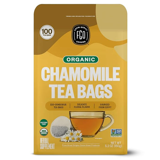 FGO Organic Chamomile Tea, 100 Eco-Conscious Tea Bags, Caffeine Free, Resealable Bag, Packaging May Vary (Pack of 1)