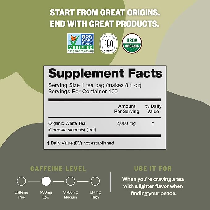 FGO Organic White Tea, 100 Count, Eco-Conscious Tea Bags, Resealable Bag, Packaging May Vary(Pack of 1)