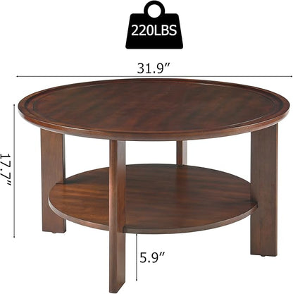 MODERION Round Tray Top Coffee Table with Storage Shelf, Farmhouse Wood Cocktail Tables, Living Room Center Tea Table-, 31.9" Dia x 17.7" H, Easy Assembly Dark Cherry Red YKFZ-D0036-DCR