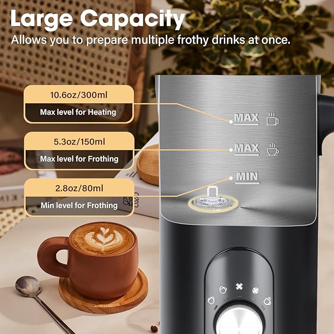 5-in-1 Milk Frother and Steamer,12oz/350ml Electric Milk Steamer,Automatic Cold and Hot Foam maker for Lattes,Coffee,Macchiato,Matcha,Non-stick Coating Interior.(Black）