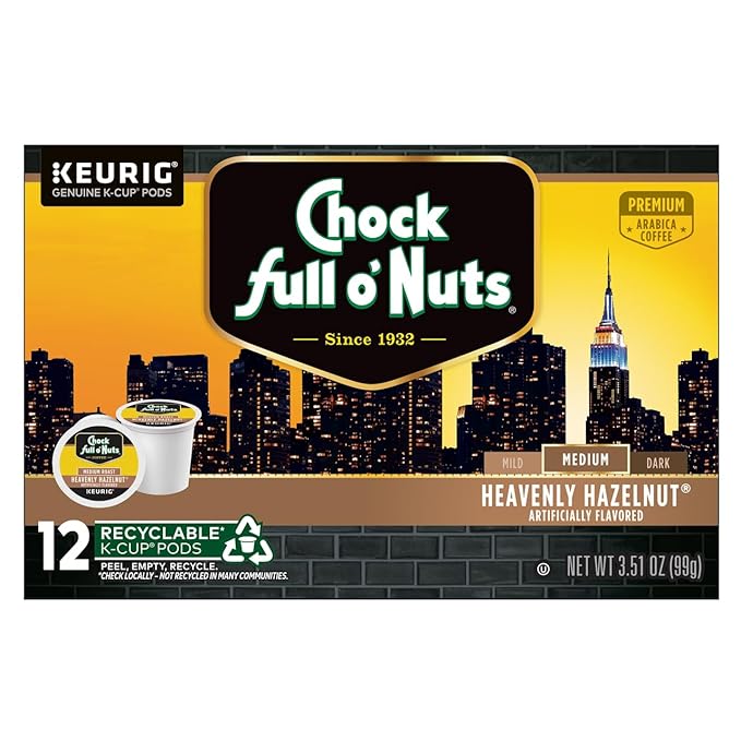 Chock Full o'Nuts Heavenly Hazelnut Coffee, Compatible with K-Cup Pods, 12 CT (Pack of 4)